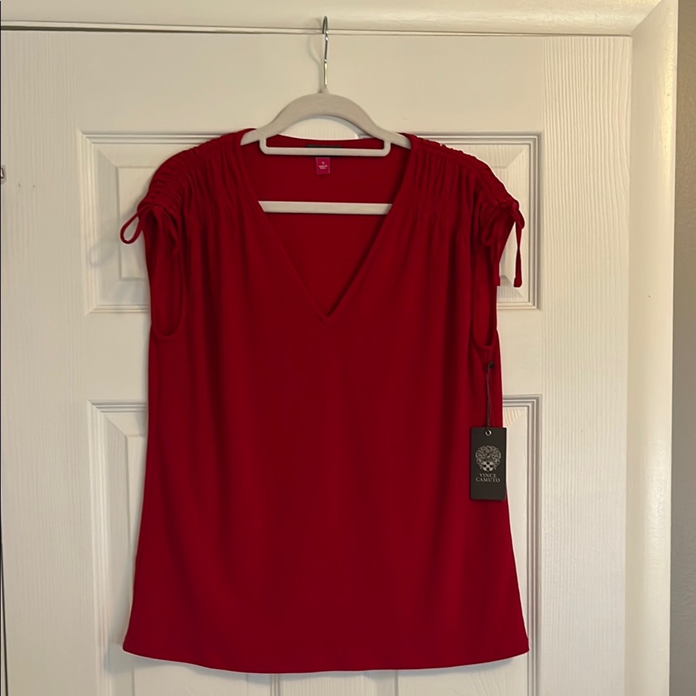 V-Neck Short Sleeve Ruched and Tie Detail Top